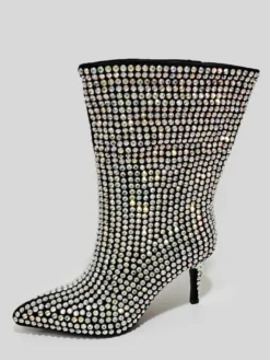 Bottines à talons hauts et strass noirs bout rond talon aiguille bottines de fête