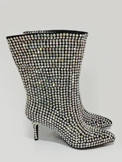 Bottines à talons hauts et strass noirs bout rond talon aiguille bottines de fête