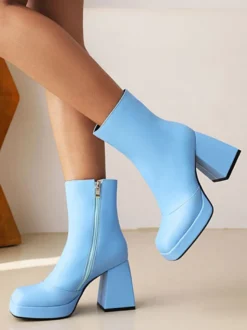 Bottines à Talons Hauts Femme avec Bout Carré en Cuir Synthétique Unicolore
