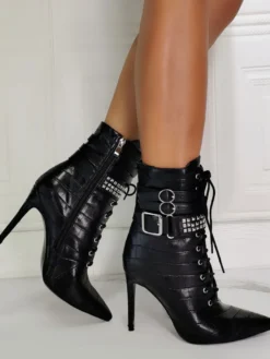 Bottines à Talons Hauts Femme avec Bout Pointu en Cuir Synthétique Unicolore