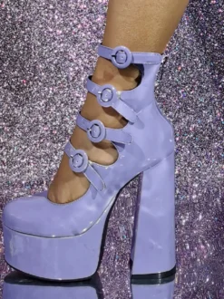 Bottines à talons hauts roses avec boucle et plateforme découpées à talons blocs