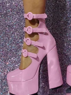 Bottines à talons hauts roses avec boucle et plateforme découpées à talons blocs