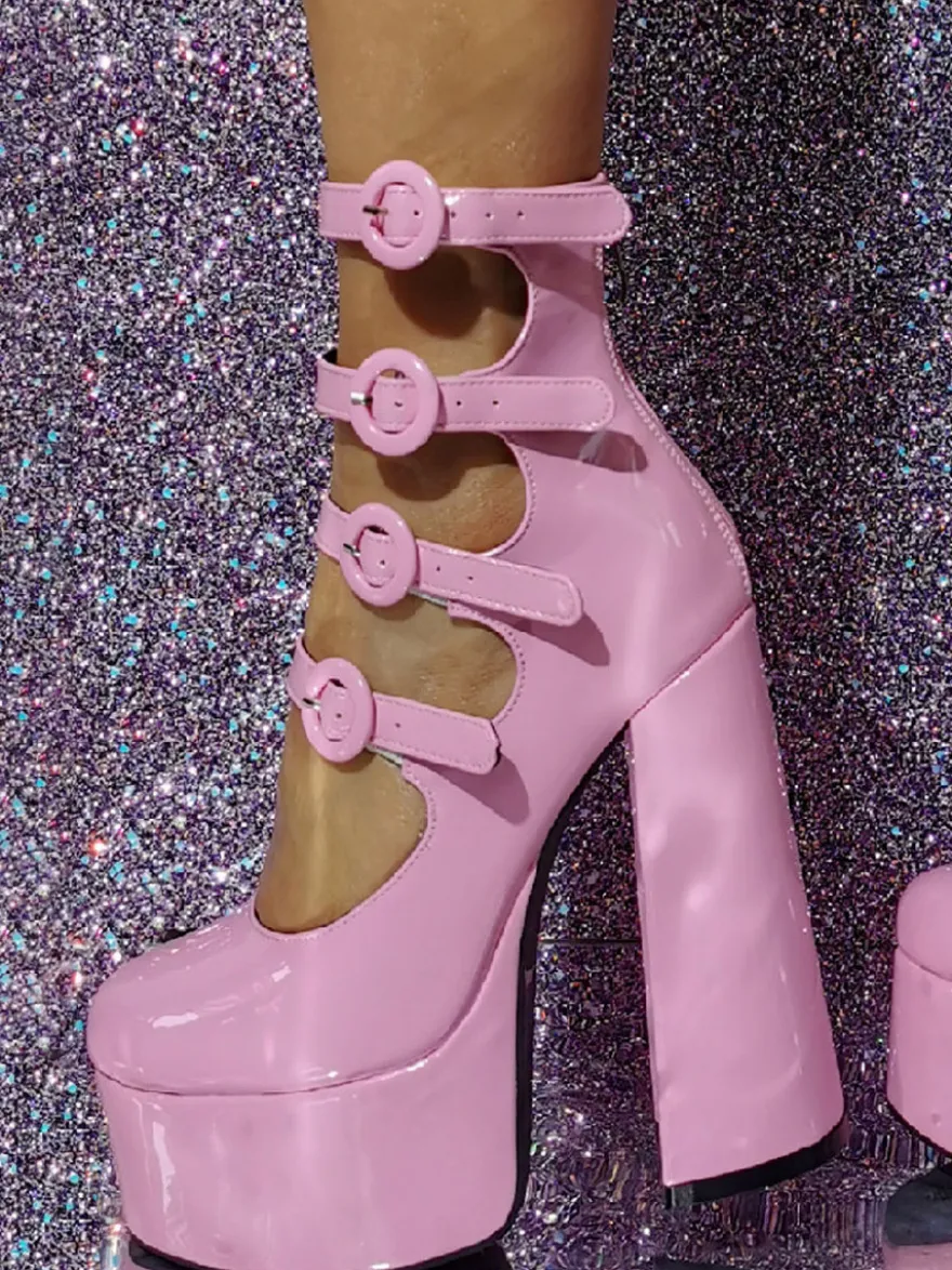 Bottines à talons hauts roses avec boucle et plateforme découpées à talons blocs