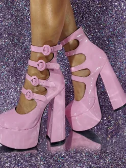 Bottines à talons hauts roses avec boucle et plateforme découpées à talons blocs