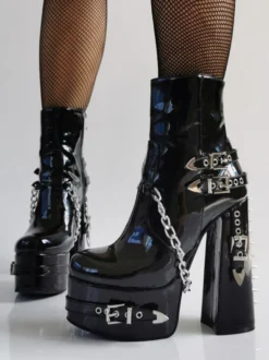 Bottines vernies à bout rond en PU pour femmes