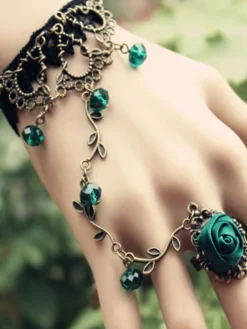Bracelet Lolita dentelle vintage avec anneau Rose vert Déguisements Halloween