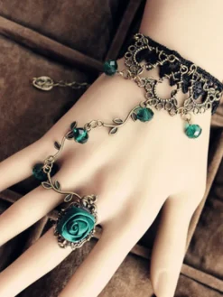 Bracelet Lolita dentelle vintage avec anneau Rose vert Déguisements Halloween