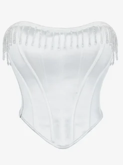 Bustier blanc pour femme avec pompon et bandage dans le dos et corset sous la poitrine
