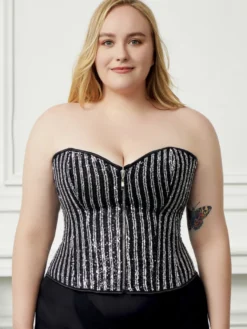 Bustier grande taille corset noir à lacets et fermeture éclair à rayures lingerie chic d'intérieur