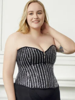 Bustier grande taille corset noir à lacets et fermeture éclair à rayures lingerie chic d'intérieur