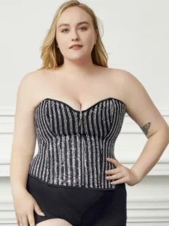 Bustier grande taille corset noir à lacets et fermeture éclair à rayures lingerie chic d'intérieur