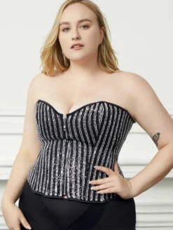 Bustier grande taille corset noir à lacets et fermeture éclair à rayures lingerie chic d'intérieur
