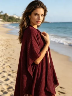 Cache-maillots bordeaux à manches courtes en polyester pour femmes maillots de bain d'été pour la plage.