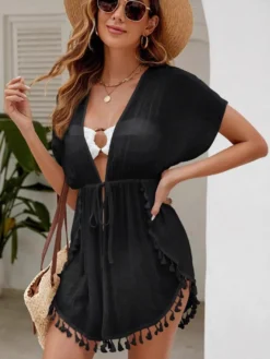 Cache-maillots de plage blancs à franges pour femmes manches courtes en polyester maillots de bain d'été.