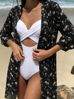 Cache-maillots de plage noirs à imprimé floral pour femmes manches courtes maillots de bain d'été