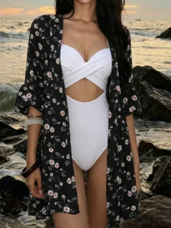 Cache-maillots de plage noirs à imprimé floral pour femmes manches courtes maillots de bain d'été