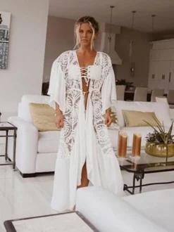 Cache-maillots oversize en dentelle ajourée à manches longues maillots de bain blancs d'été pour la plage