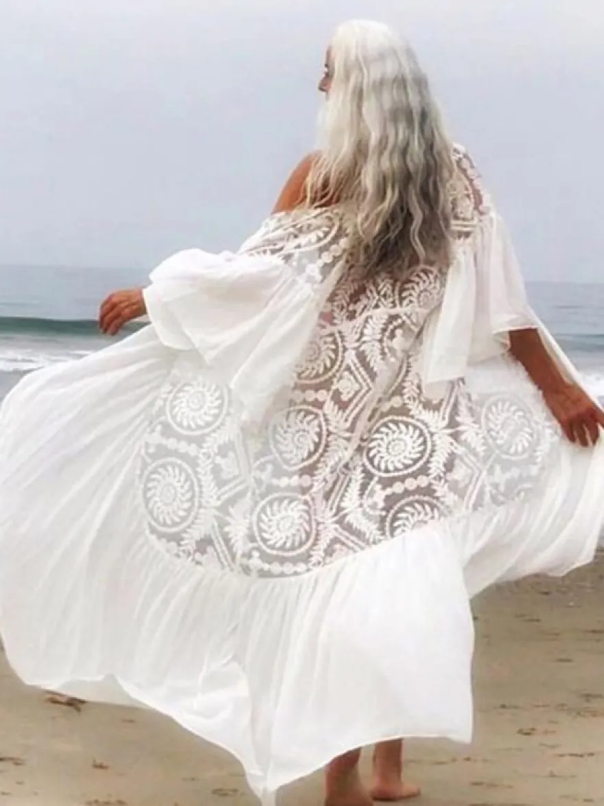 Cache-maillots oversize en dentelle ajourée à manches longues maillots de bain blancs d'été pour la plage