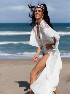 Cache-maillots oversize en dentelle ajourée à manches longues maillots de bain blancs d'été pour la plage