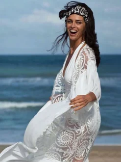 Cache-maillots oversize en dentelle ajourée à manches longues maillots de bain blancs d'été pour la plage