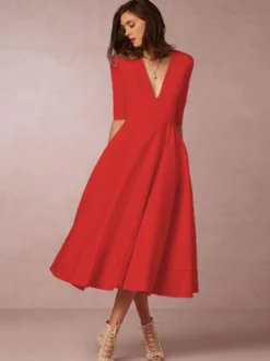 Cadeau Saint Valentin Robe de Soirée en Mousselines Longues à Col V avec Manches Mi-longues Coupe Cintrée Bas Evasée Unicolore Robe de Cocktail