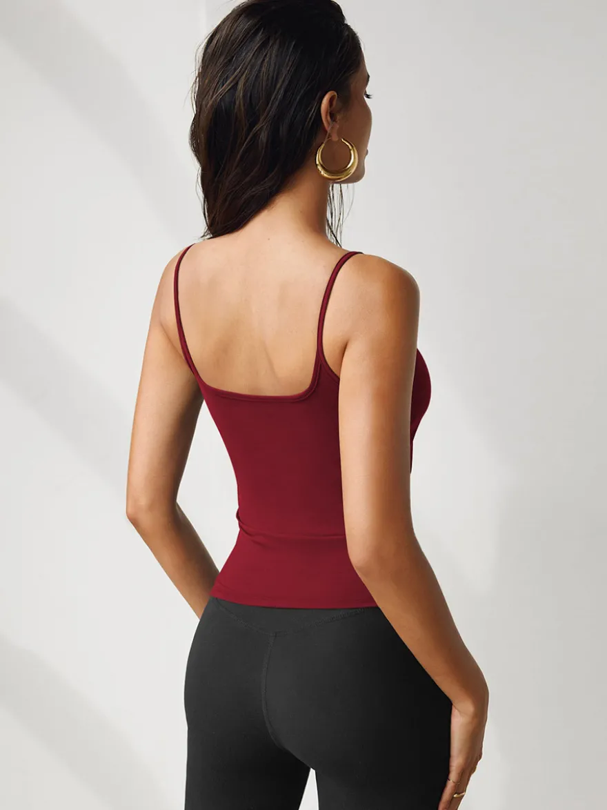 Café Marron Cami Top Bretelles Cou Sexy Polyester Femmes Camis