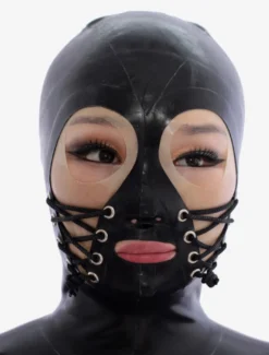 Cagoule de latex noir avec yeux ouverts et lacet Déguisements Halloween