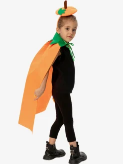Cape citrouille d'Halloween pour enfants cape orange en peluche avec capuche en forme de feuille joli costume de friandises