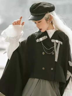 Cape gothique Lolita en polyester marron café avec nœuds et chaînes pour vêtements d'extérieur Lolita d'hiver