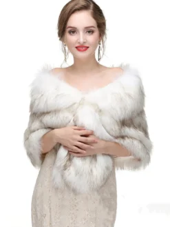 Cape Manteau Poncho Femme Mariage en Fousse Fourrure Synthétique à Col V Taille Haute Bicolores