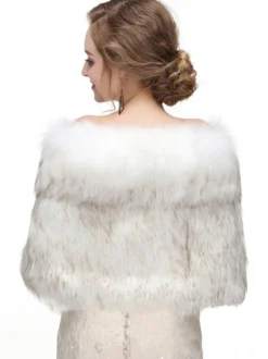 Cape Manteau Poncho Femme Mariage en Fousse Fourrure Synthétique à Col V Taille Haute Bicolores