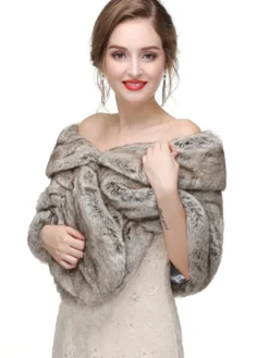 Cape Manteau Poncho Femme Mariage en Fousse Fourrure Synthétique à Col V Taille Haute Bicolores