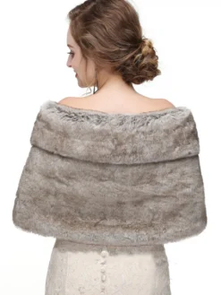 Cape Manteau Poncho Femme Mariage en Fousse Fourrure Synthétique à Col V Taille Haute Bicolores
