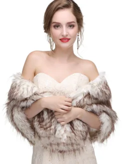 Cape Manteau Poncho Femme Mariage en Fousse Fourrure Synthétique à Col V Taille Haute Bicolores