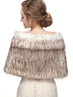 Cape Manteau Poncho Femme Mariage en Fousse Fourrure Synthétique à Col V Taille Haute Bicolores