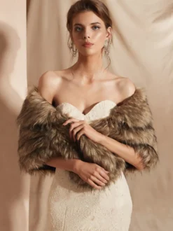 Cape Manteau Poncho Femme Mariage en Fousse Fourrure Synthétique à Col V Taille Haute Bicolores