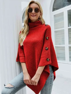 Cape Poncho Femme Côtelé à Col Montant avec Manches Longues Unicolore Manteau Femme