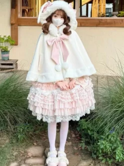 Cape Sweet Lolita avec nœud papillon et oreilles de lapin cape en fourrure de lapin premium vêtement d'extérieur chaud et mignon