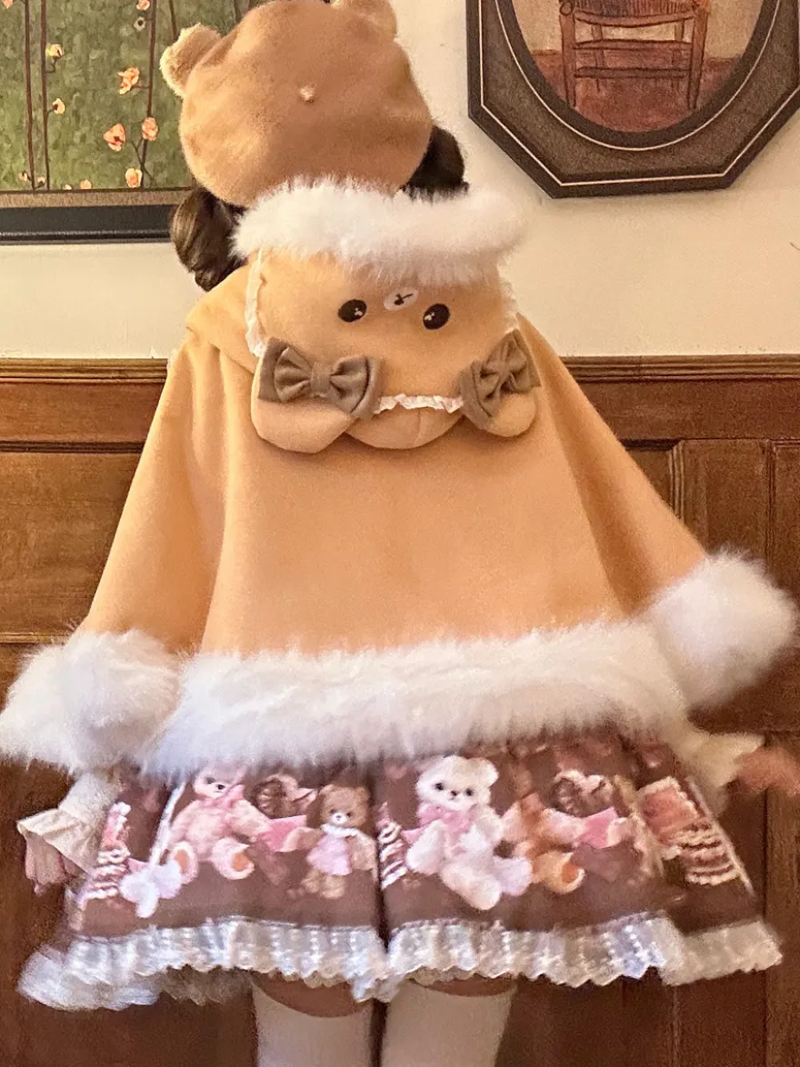 Cape Sweet Lolita doublée en peluche cape de Noël à capuche avec broderie