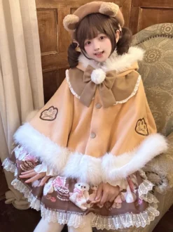 Cape Sweet Lolita doublée en peluche cape de Noël à capuche avec broderie