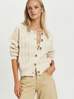 Cardigan court en maille ajourée à col rond et boutons