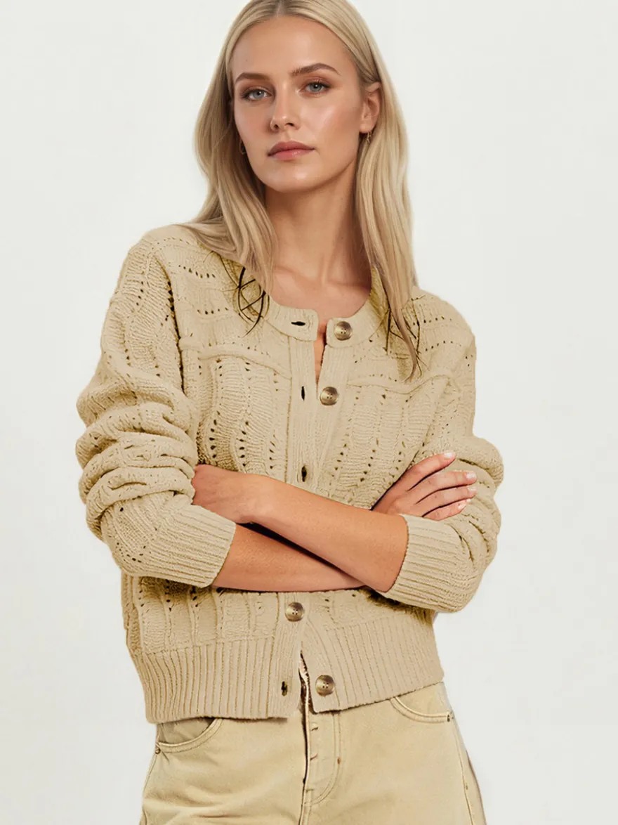 Cardigan court en maille ajourée à col rond et boutons