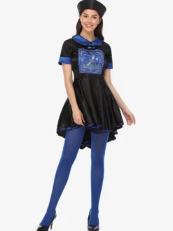 Carnaval Halloween Costumes Zombie Chinois Femme Noir Bleu Polyester Costumes de Fête