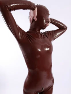 Catsuit latex femme bouche ouverte couleur café moulant Déguisements Halloween