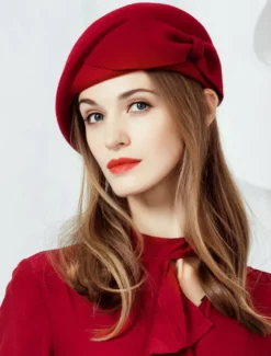 Chapeau de laine rétro béret femmes chapeau bourgogne arcs vintage coiffes Déguisements Halloween
