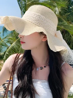 Chapeau de paille à larges bords avec nœud en dentelle chapeau de plage respirant pour l'été protection solaire 2026