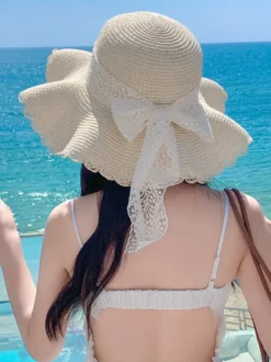 Chapeau de paille à larges bords avec nœud en dentelle chapeau de plage respirant pour l'été protection solaire 2026