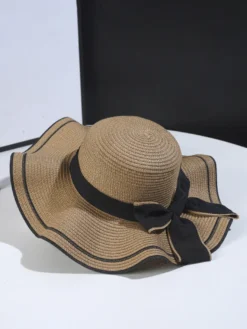 Chapeau de paille à nœud papillon et bord ondulé chapeau de soleil d'été pour femme 2026