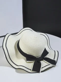 Chapeau de paille à nœud papillon et bord ondulé chapeau de soleil d'été pour femme 2026