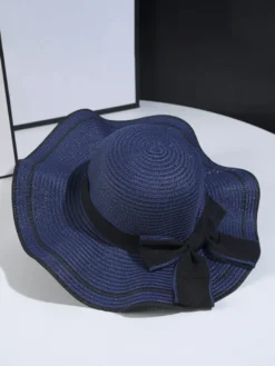 Chapeau de paille à nœud papillon et bord ondulé chapeau de soleil d'été pour femme 2026